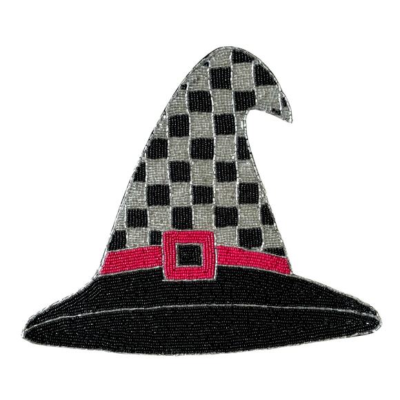 Tahari Halloween Beaded Placemat 15in Checkered Witches Hat Black Silver Pink - Picture 1 of 10